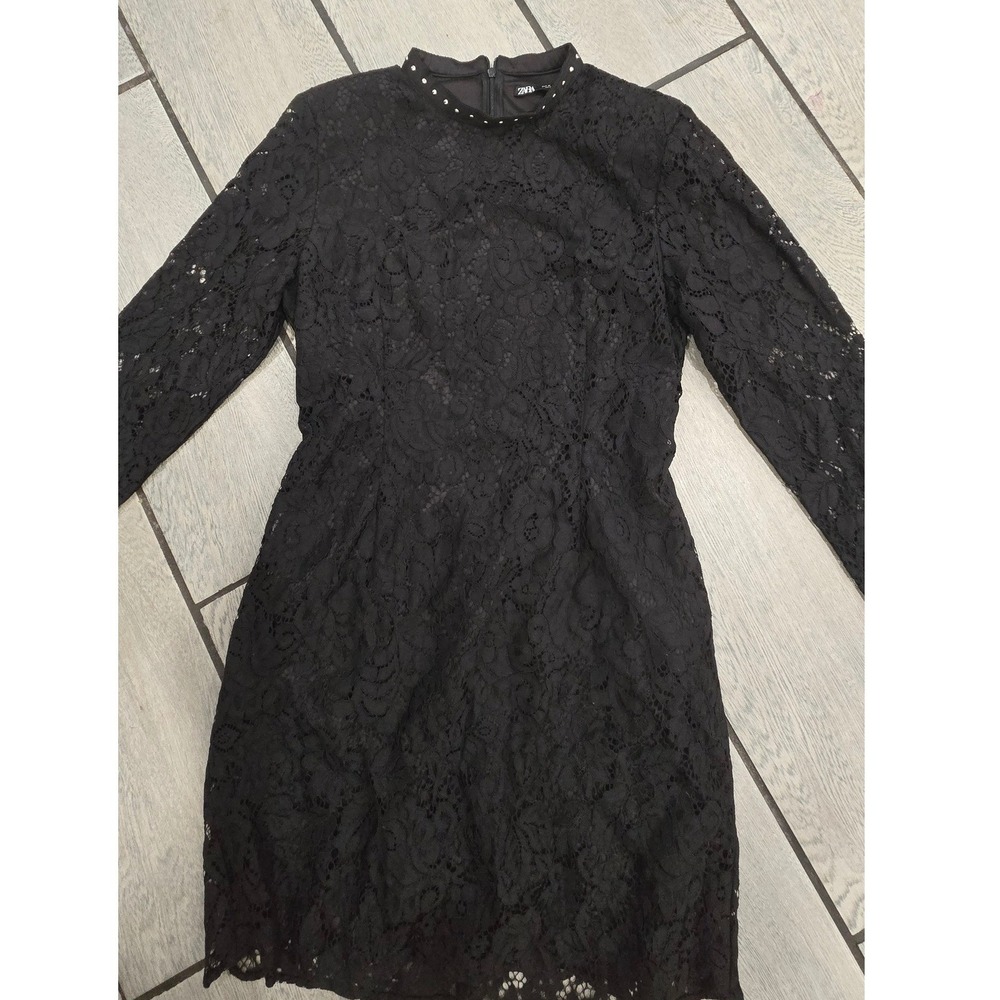 Zara Black Lace Studded Mock Neck Long Sleeve Mini Dress Size M